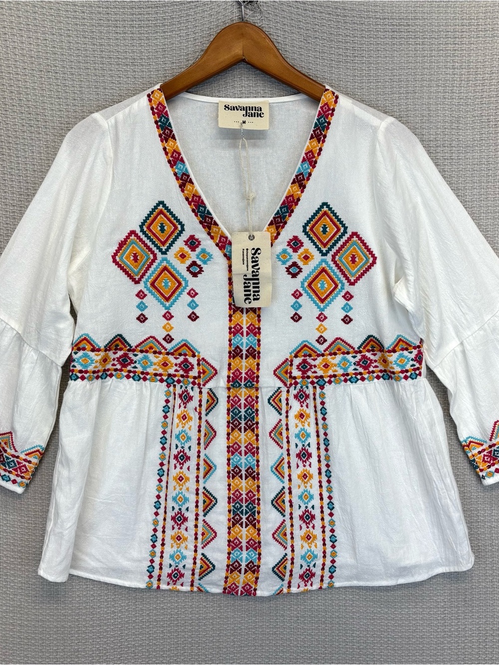NWT Savanna Jane White Peasant Embroidered V Neck Blouse Top Tunic Med Boho Cute